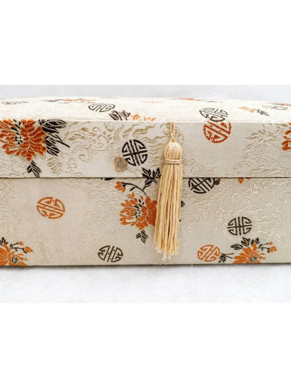 Vintage Musical Jewelry Box Floral Fabric Plays Sacred Lotus Seed Hinged Mirror